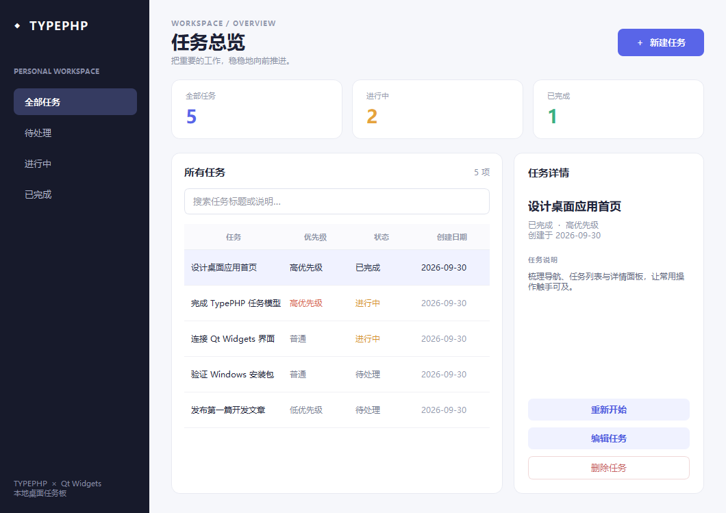 Windows 上运行的 TypePHP Taskboard